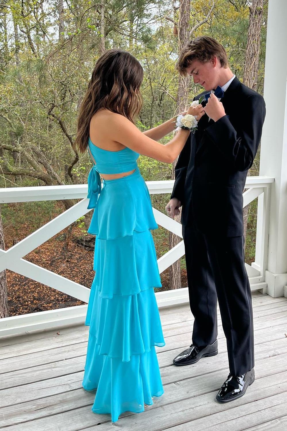 Vestidos formales de mujer con tirantes finos, escote en V, gasa azul, cortes, vestido de fiesta escalonado, vestido de graduación, vestido de graduación en tienda